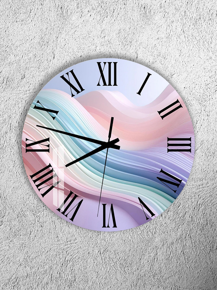 KIRILMAZ CAM DUVAR SAATİ, HEM TABLO HEM SAAT PASTEL DALGA SOYUT ROMEN RAKAM TASARIM EV OFİS HEDİYESİ