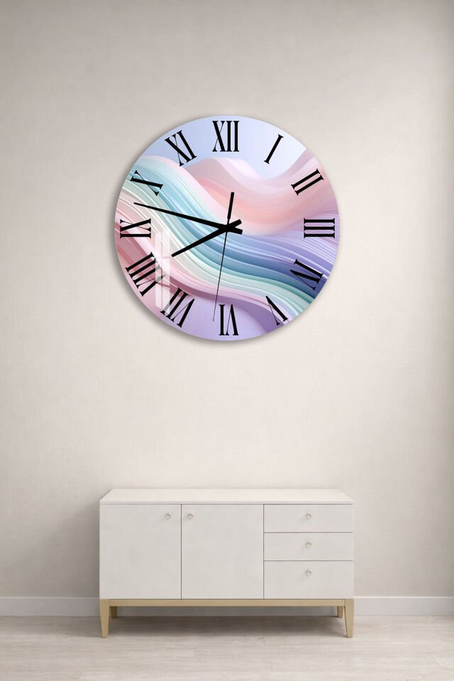 KIRILMAZ CAM DUVAR SAATİ, HEM TABLO HEM SAAT PASTEL DALGA SOYUT ROMEN RAKAM TASARIM EV OFİS HEDİYESİ