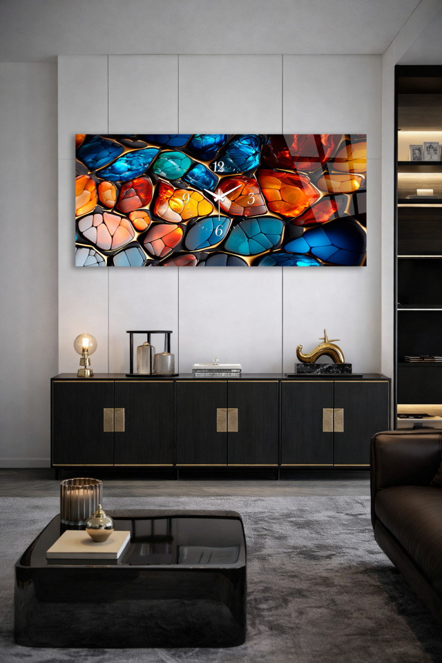 KIRILMAZ CAM DUVAR SAATİ , HEM TABLO HEM SAAT RENKLİ CAM MOZAIK DOKU TASARIM EV OFİS HEDİYESİ