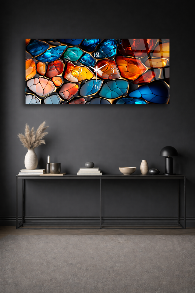 KIRILMAZ CAM DUVAR SAATİ , HEM TABLO HEM SAAT RENKLİ CAM MOZAIK DOKU TASARIM EV OFİS HEDİYESİ