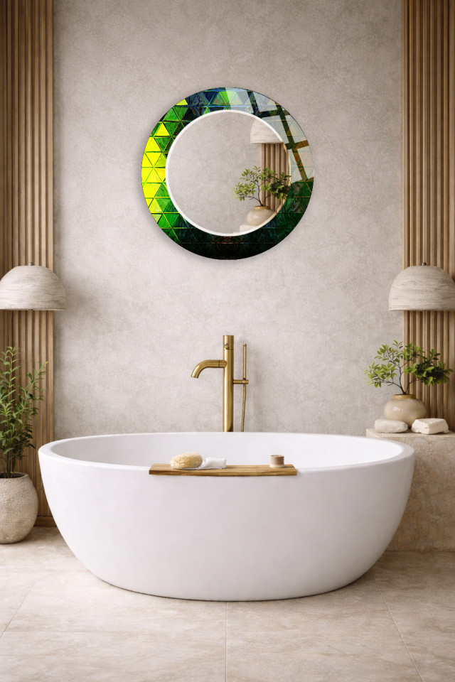 HEM TABLO HEM AYNA YEŞİL GEOMETRİK PRİZMA DESEN CAM DUVAR AYNASI EV DEKORU