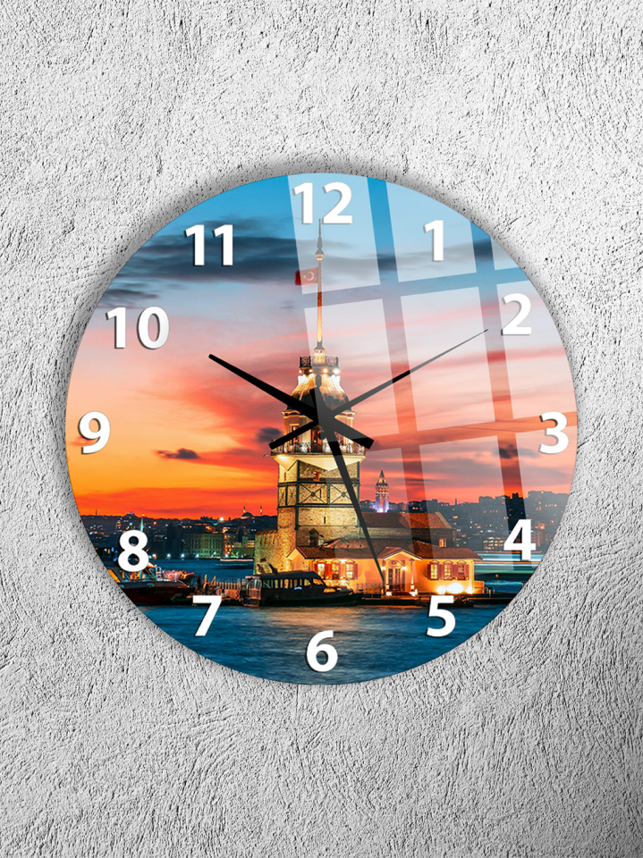 KIRILMAZ CAM DUVAR SAATİ, HEM TABLO HEM SAAT KIZ KULESİ GÜN BATIMI MANZARALI EV OFİS HEDİYESİ