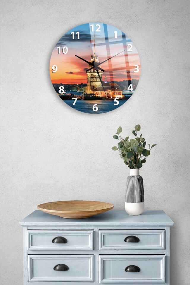 KIRILMAZ CAM DUVAR SAATİ, HEM TABLO HEM SAAT KIZ KULESİ GÜN BATIMI MANZARALI EV OFİS HEDİYESİ