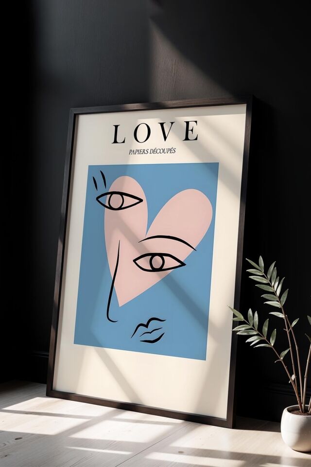 SİYAH - Minimalist Çizim Kadın Portresi Love Mavi Matisse Doğal Ahşap Çerçeveli Duvar Tablosu