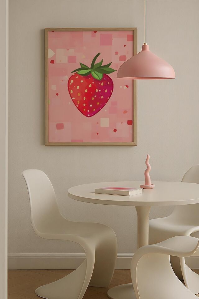 DOĞAL AHŞAP - Çilek Deseni Pembe Maksimalist Sanatı Ahşap Çerçeveli Duvar Tablosu