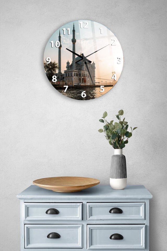 KIRILMAZ CAM DUVAR SAATİ, HEM TABLO HEM SAAT ORTAKÖY CAMİİ İSTANBUL MANZARALI EV OFİS HEDİYESİ