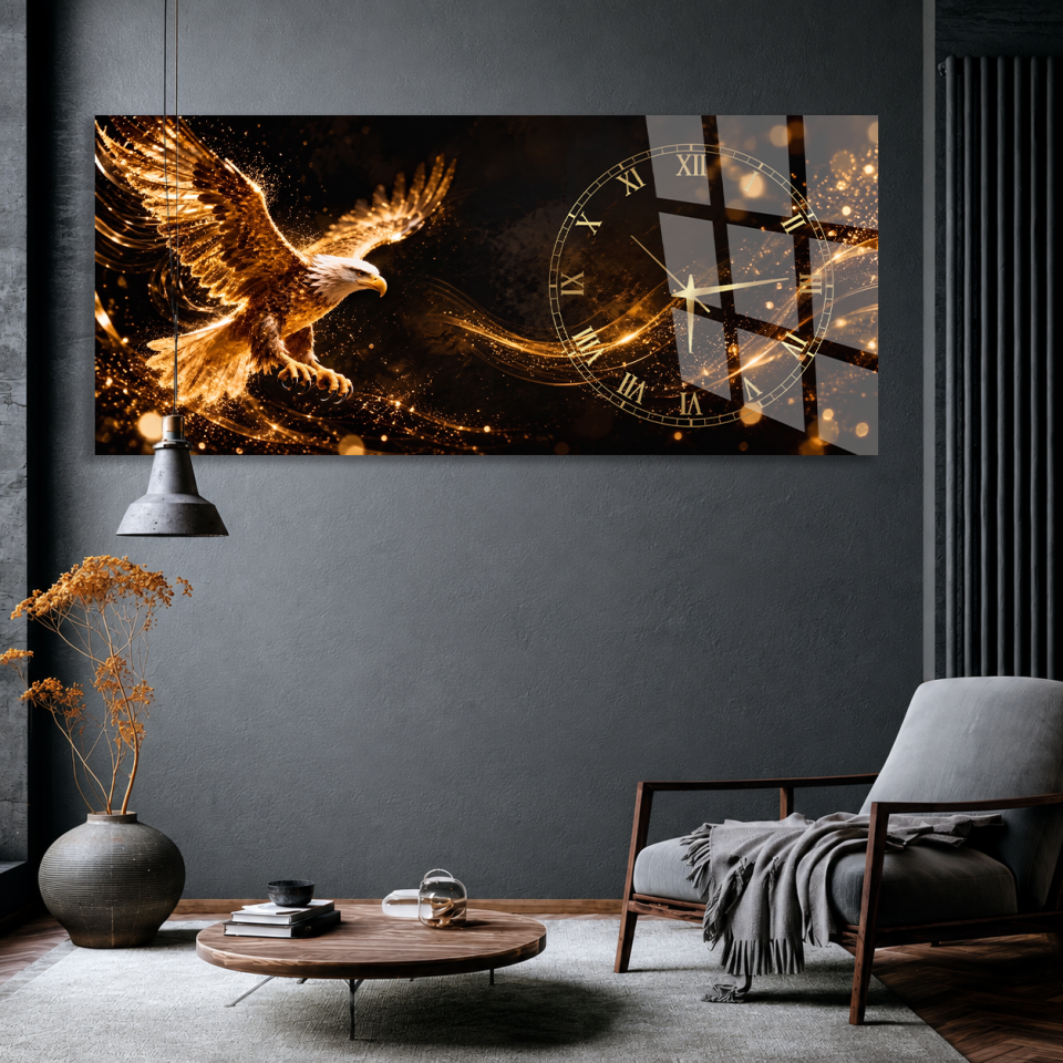 ALTIN IŞILTILI UÇAN KARTAL FİGÜRLÜ DEKORATİF CAM SAAT EV OFİS HEDİYESİ