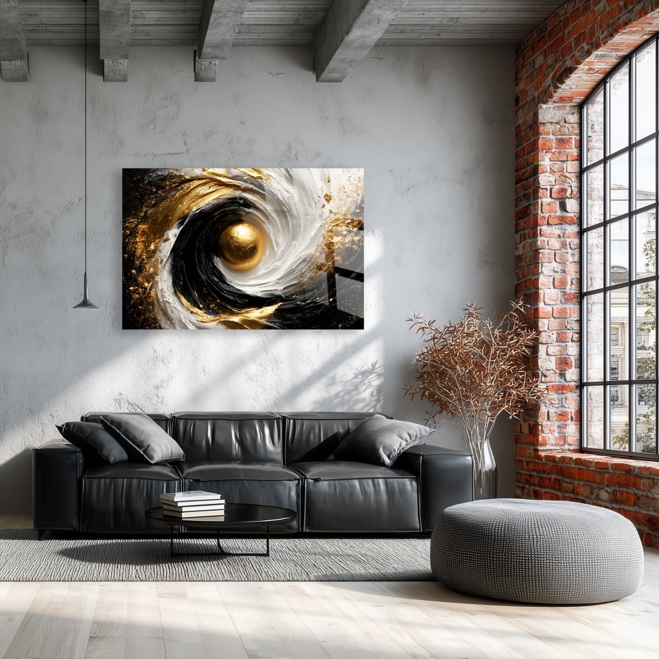 KIRILMAZ CAM TABLO, SİYAH BEYAZ GOLD SOYUT GİRDAP MODERN DUVAR DEKORU