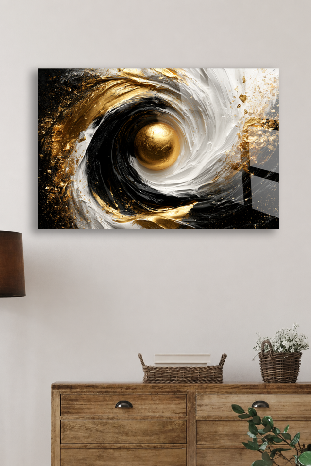 KIRILMAZ CAM TABLO, SİYAH BEYAZ GOLD SOYUT GİRDAP MODERN DUVAR DEKORU