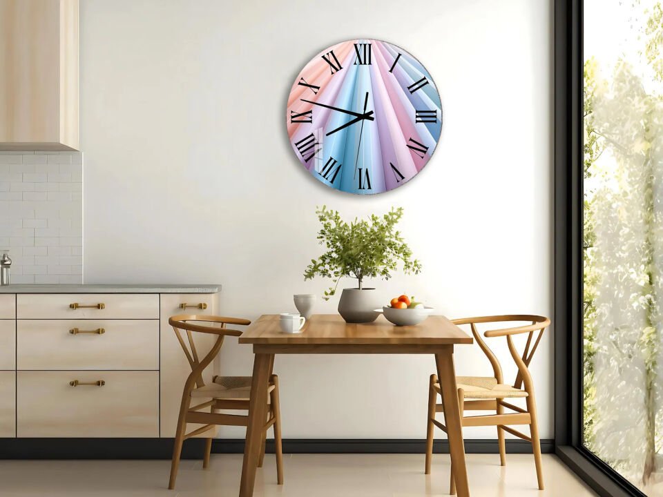 KIRILMAZ CAM DUVAR SAATİ, HEM TABLO HEM SAAT PASTEL IŞINLI GRADYAN SOYUT TASARIM EV OFİS HEDİYESİ