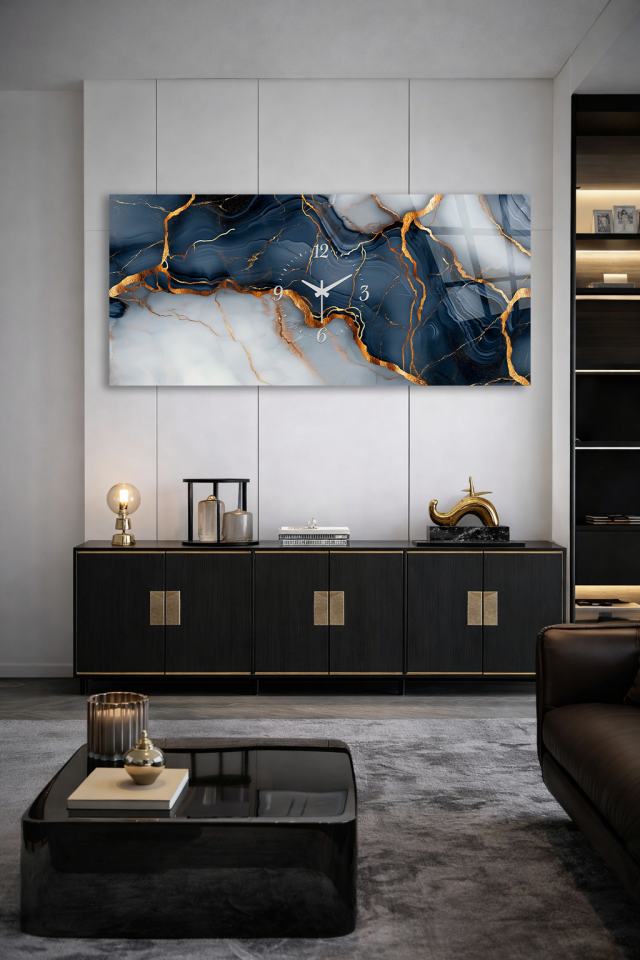 KIRILMAZ CAM DUVAR SAATİ , HEM TABLO HEM SAAT LACİVERT MERMER ALTIN DAMAR TASARIM EV OFİS HEDİYESİ