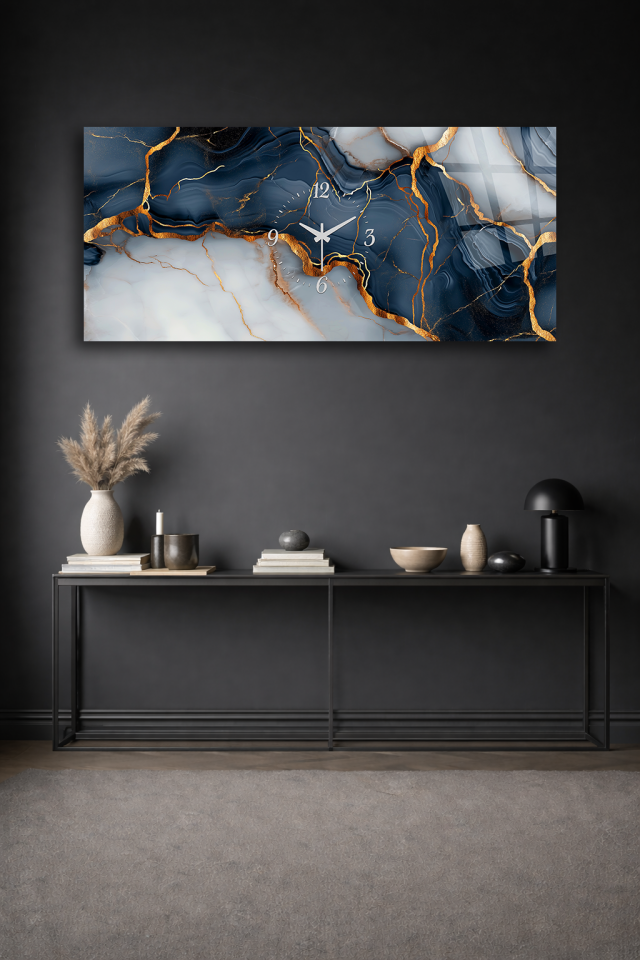 KIRILMAZ CAM DUVAR SAATİ , HEM TABLO HEM SAAT LACİVERT MERMER ALTIN DAMAR TASARIM EV OFİS HEDİYESİ