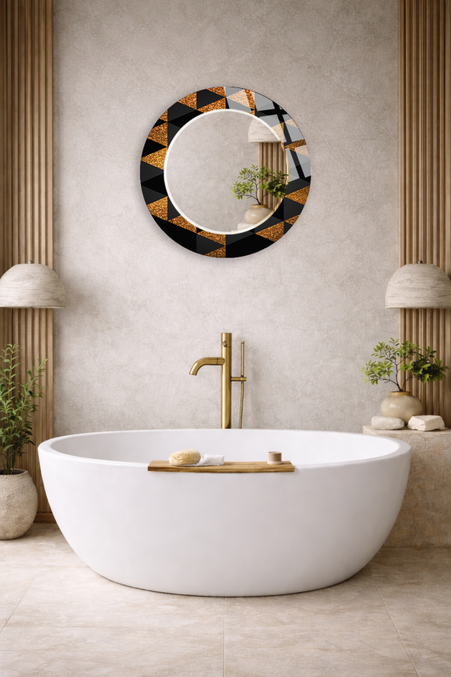 HEM TABLO HEM AYNA SİYAH GOLD GEOMETRİK ÜÇGEN DESEN CAM DUVAR AYNASI EV DEKORU