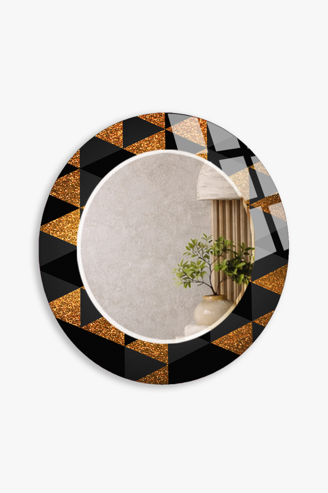 HEM TABLO HEM AYNA SİYAH GOLD GEOMETRİK ÜÇGEN DESEN CAM DUVAR AYNASI EV DEKORU