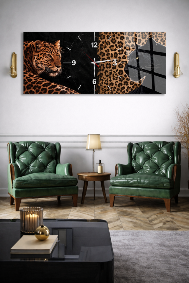 LEOPAR PANTER FİGÜRLÜ HAYVAN DESENLİ CAM SAAT EV OFİS HEDİYESİ