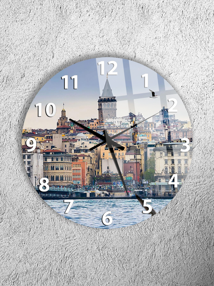 KIRILMAZ CAM DUVAR SAATİ, HEM TABLO HEM SAAT GALATA KULESİ VE İSTANBUL ŞEHİR MANZARALI EV OFİS HEDİYESİ