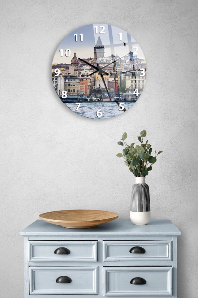 KIRILMAZ CAM DUVAR SAATİ, HEM TABLO HEM SAAT GALATA KULESİ VE İSTANBUL ŞEHİR MANZARALI EV OFİS HEDİYESİ