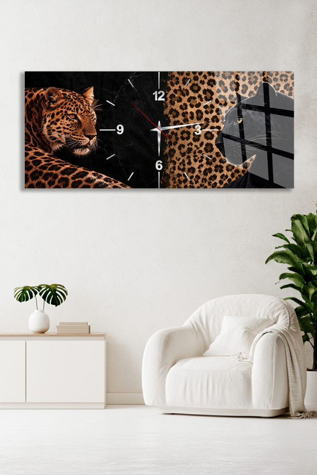 LEOPAR PANTER FİGÜRLÜ HAYVAN DESENLİ CAM SAAT EV OFİS HEDİYESİ