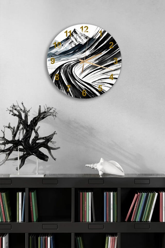 KIRILMAZ CAM DUVAR SAATİ, HEM TABLO HEM SAAT SİYAH BEYAZ FIRÇA DARBESİ MODERN SANAT EV OFİS HEDİYESİ