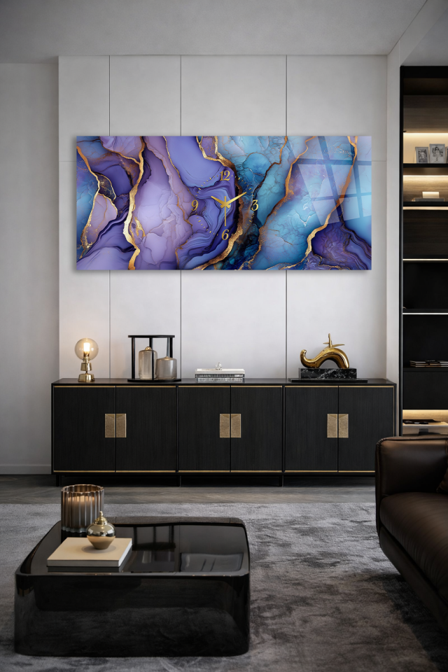 KIRILMAZ CAM DUVAR SAATİ , HEM TABLO HEM SAAT MOR MAVİ MERMER ALTIN DETAY TASARIM EV OFİS HEDİYESİ