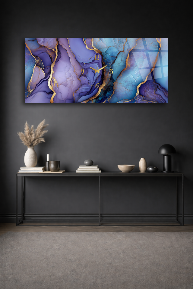 KIRILMAZ CAM DUVAR SAATİ , HEM TABLO HEM SAAT MOR MAVİ MERMER ALTIN DETAY TASARIM EV OFİS HEDİYESİ