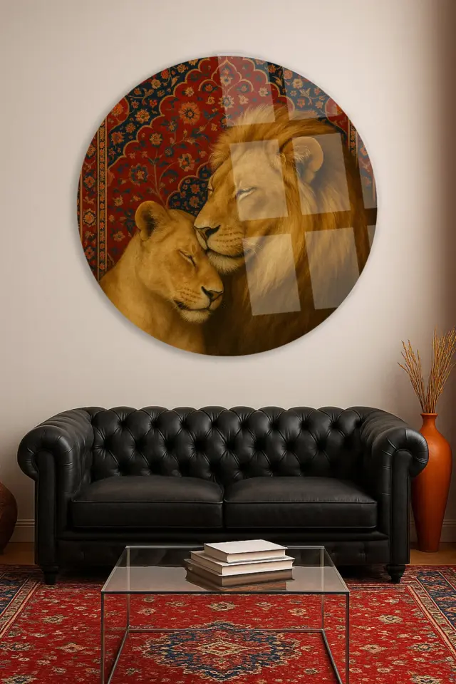 İRAN HALISI DETAYLI ASLAN AİLESİ MODERN KIRILMAZ LÜKS CAM TABLO EV HEDİYESİ LÜKS TABLO Kırmızı