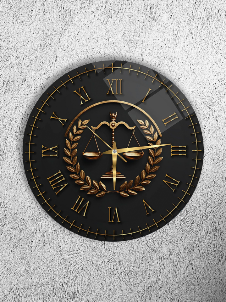 KIRILMAZ CAM DUVAR SAATİ, HEM TABLO HEM SAAT TERAZİ SEMBOLLÜ ADALET TEMALI EV OFİS HEDİYESİ