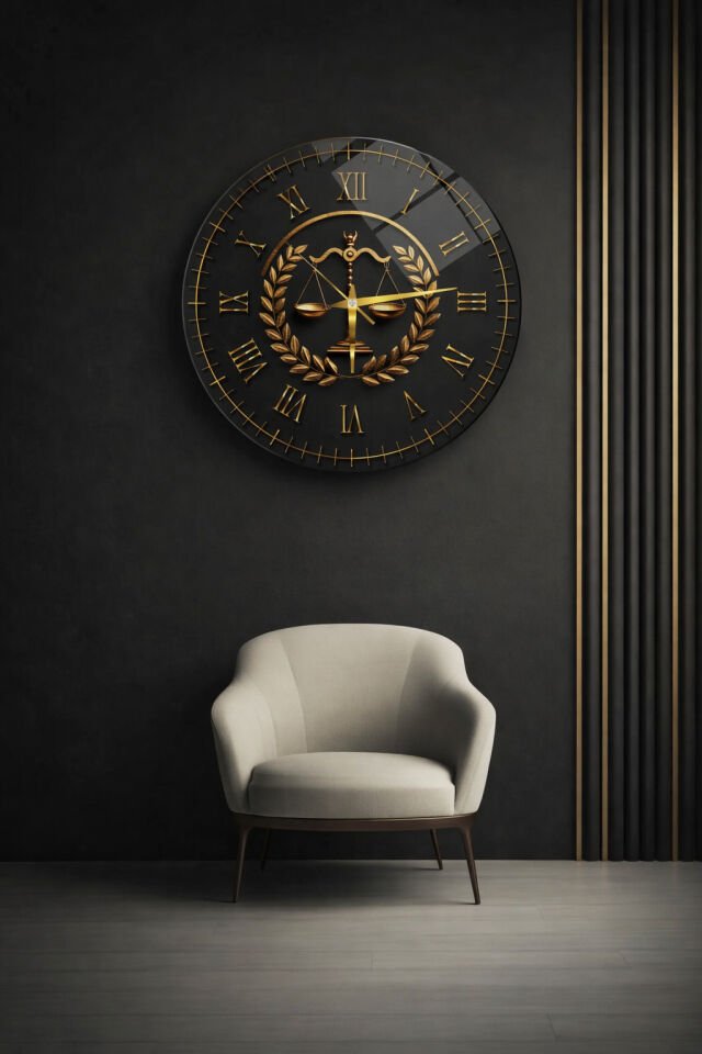 KIRILMAZ CAM DUVAR SAATİ, HEM TABLO HEM SAAT TERAZİ SEMBOLLÜ ADALET TEMALI EV OFİS HEDİYESİ