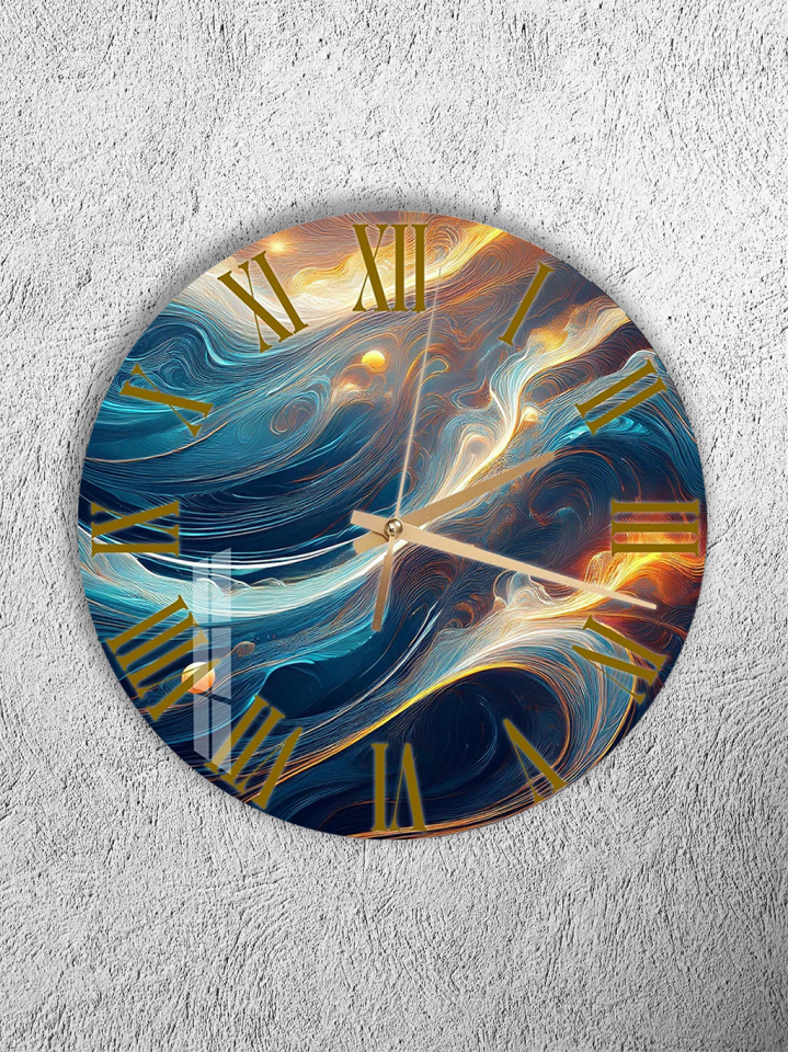 KIRILMAZ CAM DUVAR SAATİ, HEM TABLO HEM SAAT MAVİ ALTIN DALGA KOZMİK SOYUT TASARIM EV OFİS HEDİYESİ