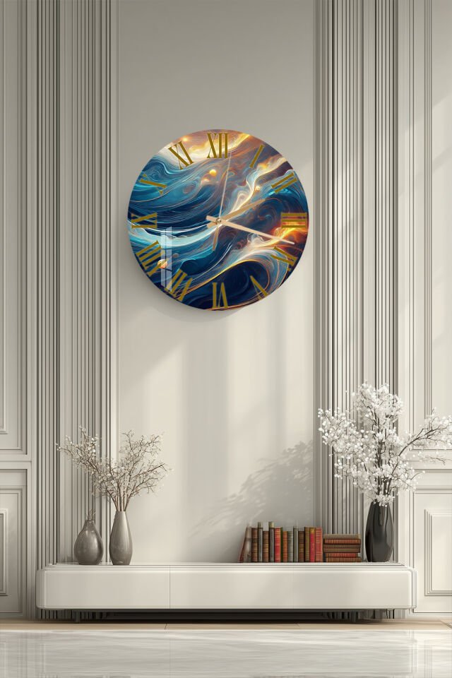 KIRILMAZ CAM DUVAR SAATİ, HEM TABLO HEM SAAT MAVİ ALTIN DALGA KOZMİK SOYUT TASARIM EV OFİS HEDİYESİ