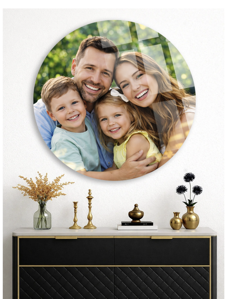 KİŞİYE ÖZEL MODERN YUVARLAK KIRILMAZ CAM TABLO LOGO BASKI, ÖZEL FOTOĞRAF BASKI EV HEDİYESİ TABLO