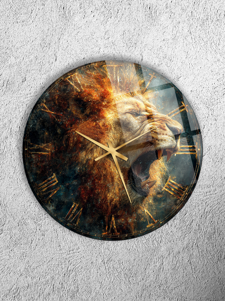 KIRILMAZ CAM DUVAR SAATİ, HEM TABLO HEM SAAT ASLAN FİGÜRLÜ GÜÇ VE ASİL TASARIM EV OFİS HEDİYESİ