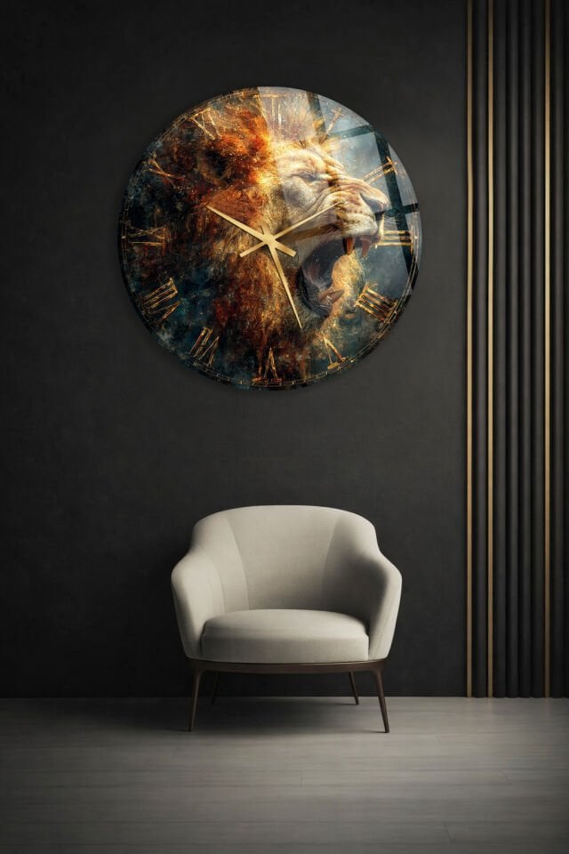 KIRILMAZ CAM DUVAR SAATİ, HEM TABLO HEM SAAT ASLAN FİGÜRLÜ GÜÇ VE ASİL TASARIM EV OFİS HEDİYESİ