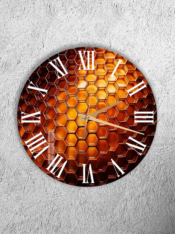 KIRILMAZ CAM DUVAR SAATİ, HEM TABLO HEM SAAT BAL PETEĞİ ALTIN TON GEOMETRİK TASARIM EV OFİS HEDİYESİ