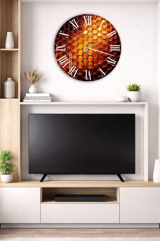 KIRILMAZ CAM DUVAR SAATİ, HEM TABLO HEM SAAT BAL PETEĞİ ALTIN TON GEOMETRİK TASARIM EV OFİS HEDİYESİ