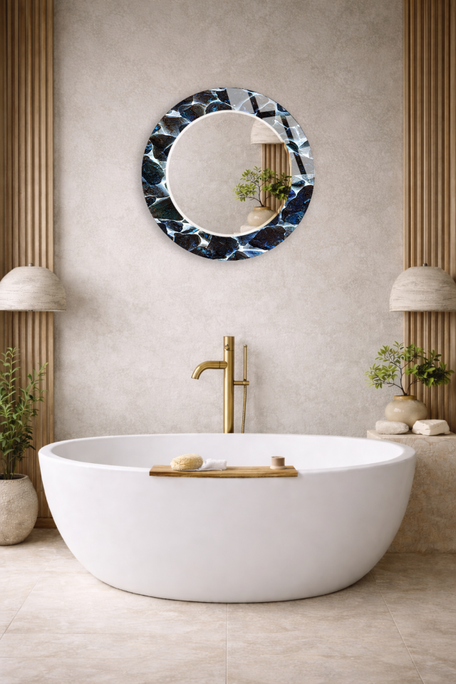 HEM TABLO HEM AYNA MAVİ DOĞAL TAŞ DOKU DESEN CAM DUVAR AYNASI EV DEKORU