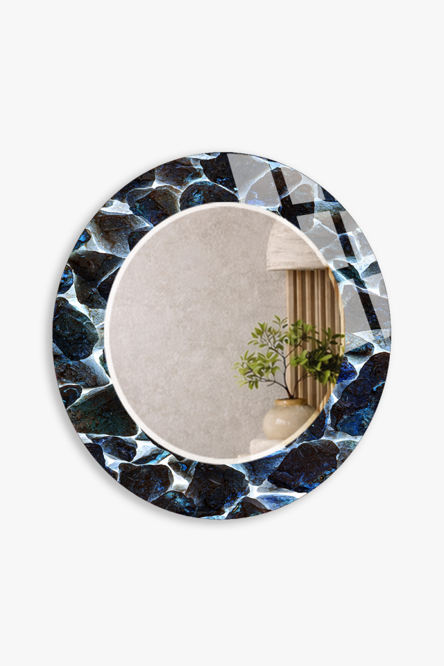 HEM TABLO HEM AYNA MAVİ DOĞAL TAŞ DOKU DESEN CAM DUVAR AYNASI EV DEKORU