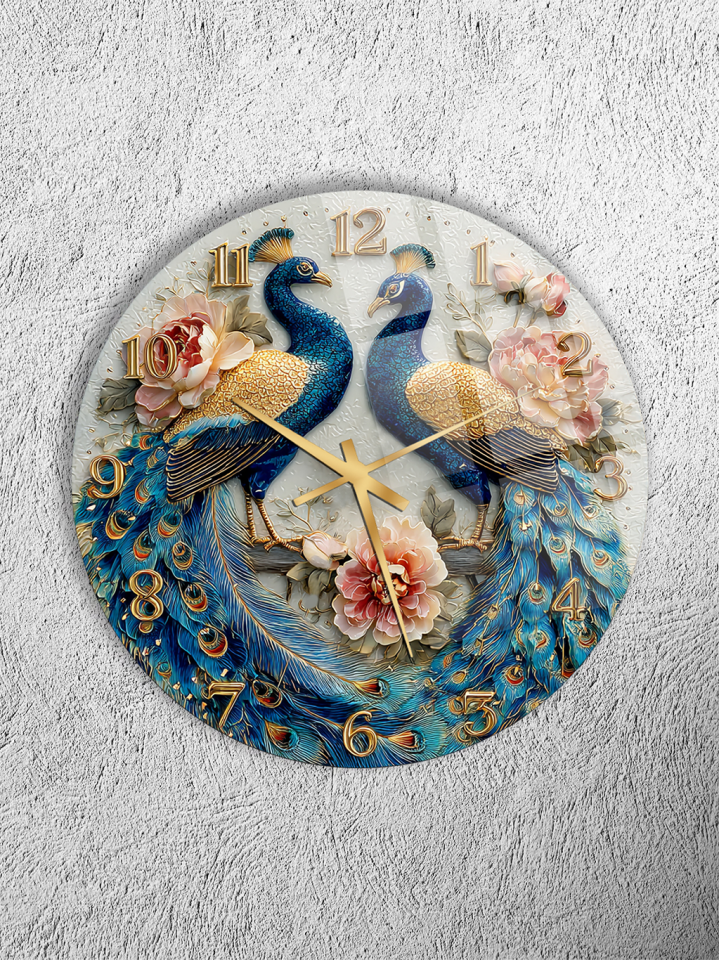 KIRILMAZ CAM DUVAR SAATİ, HEM TABLO HEM SAAT TAVUS KUŞU ÇİÇEK DESENLİ SANATSAL EV OFİS HEDİYESİ