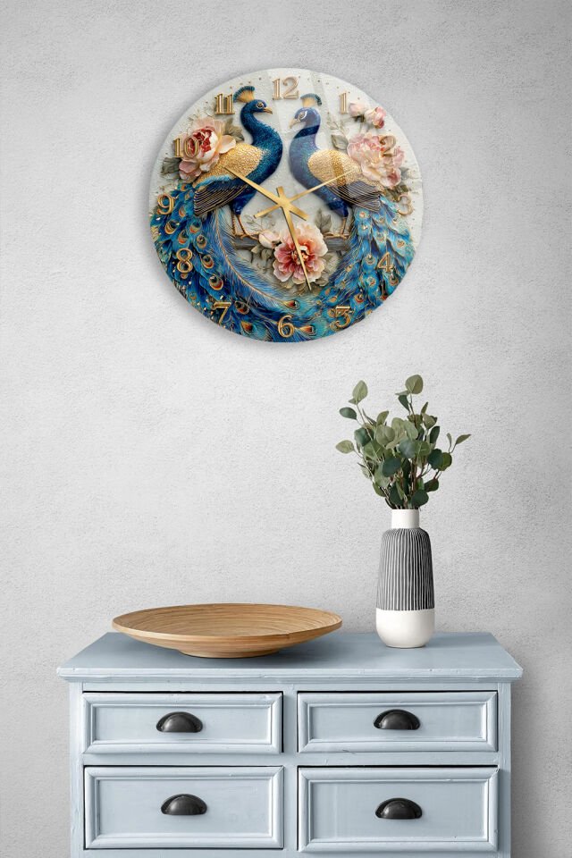KIRILMAZ CAM DUVAR SAATİ, HEM TABLO HEM SAAT TAVUS KUŞU ÇİÇEK DESENLİ SANATSAL EV OFİS HEDİYESİ