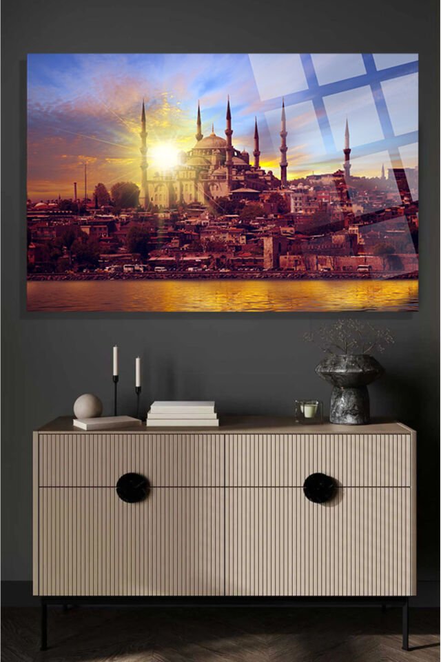 İstanbul Gün Batımı Cami Manzarası 4mm Kırılmaz Temperli Yüksek Çözünürlüklü Cam Tablo kahverengi 11