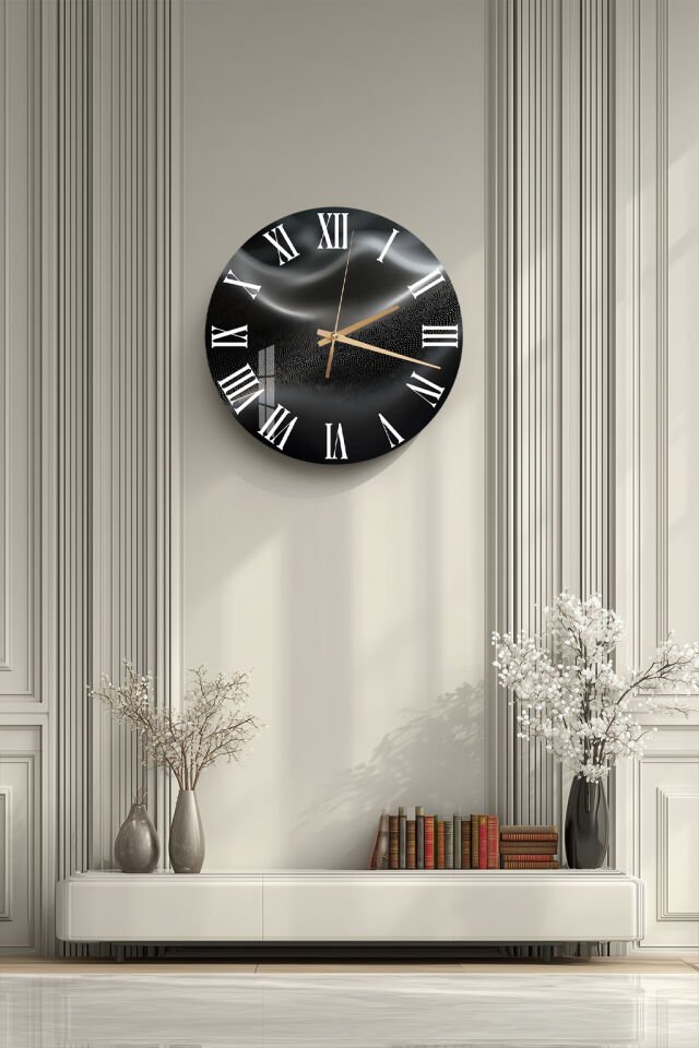 KIRILMAZ CAM DUVAR SAATİ, HEM TABLO HEM SAAT SİYAH GRİ SOYUT DALGA LÜKS TASARIM EV OFİS HEDİYESİ