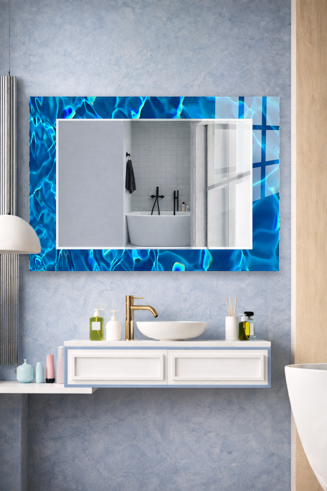 HEM TABLO HEM AYNA MAVİ DALGA SU EFEKTLİ MODERN CAM DUVAR AYNASI EV DEKORU