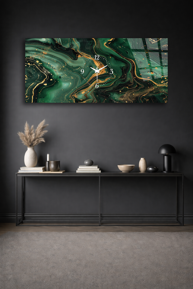 KIRILMAZ CAM DUVAR SAATİ , HEM TABLO HEM SAAT YEŞİL MERMER ALTIN DAMARLI TASARIM EV OFİS HEDİYESİ