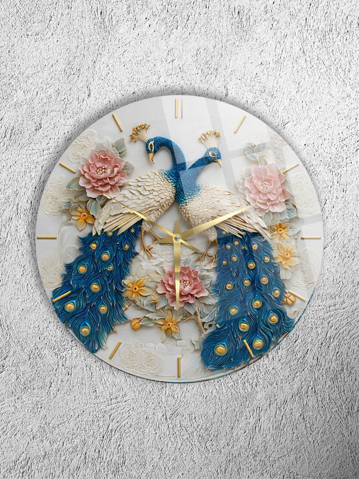 KIRILMAZ CAM DUVAR SAATİ, HEM TABLO HEM SAAT TAVUS KUŞU KABARTMA DESENLİ LÜKS EV OFİS HEDİYESİ