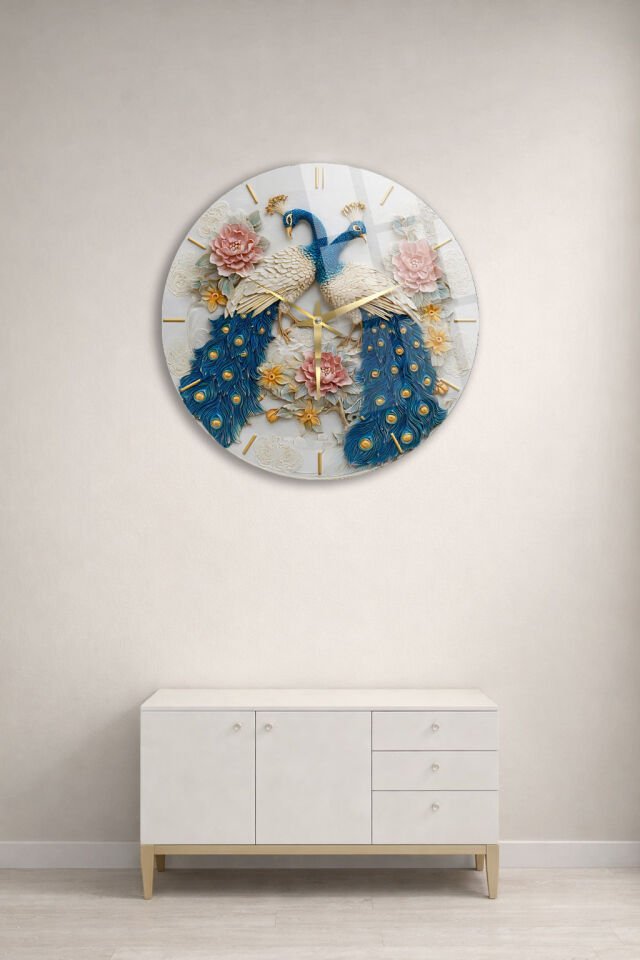 KIRILMAZ CAM DUVAR SAATİ, HEM TABLO HEM SAAT TAVUS KUŞU KABARTMA DESENLİ LÜKS EV OFİS HEDİYESİ