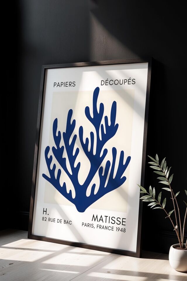 SİYAH - Botanik Serisi Lacivert Çiçekli Matisse Doğal Ahşap Çerçeveli Duvar Tablosu