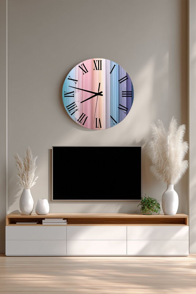 KIRILMAZ CAM DUVAR SAATİ, HEM TABLO HEM SAAT PASTEL DİKEY ÇİZGİ GRADYAN MODERN TASARIM EV OFİS HEDİYESİ