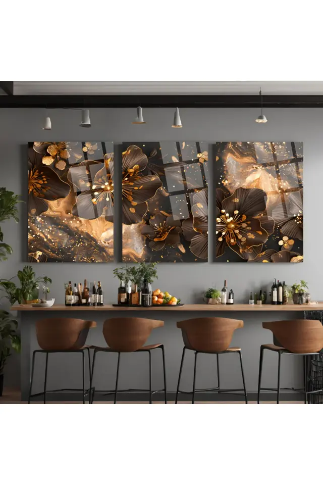 3 LÜ IŞILDAYAN PARILTILI ÇİÇEKLER PARÇALI SET TABLO KIRILMAZ LÜKS CAM TABLO EV HEDİYESİ Kahverengi
