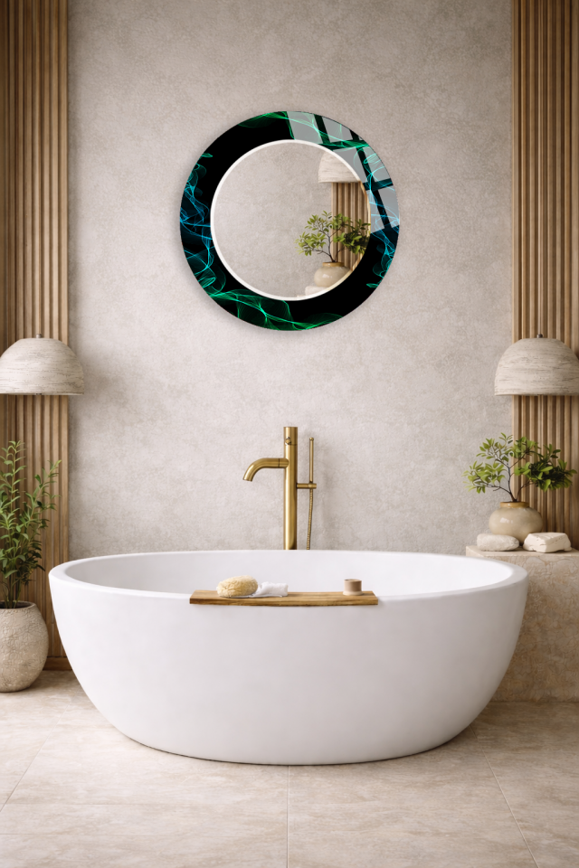 HEM TABLO HEM AYNA YEŞİL NEON DALGA SOYUT DESEN CAM DUVAR AYNASI EV DEKORU