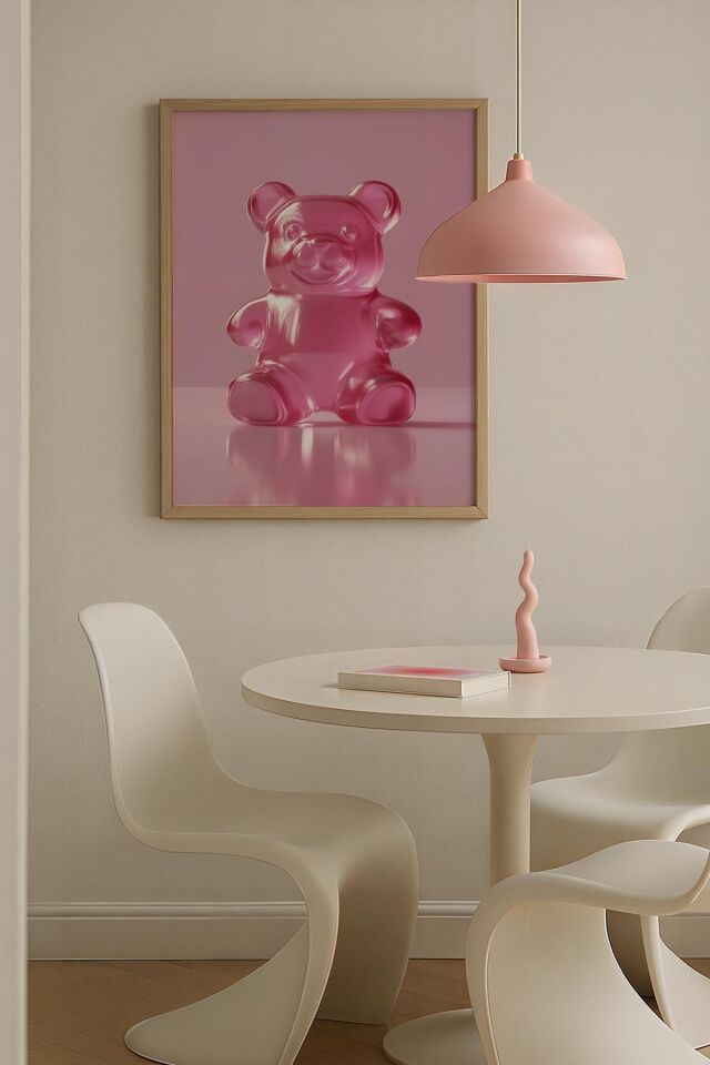 DOĞAL AHŞAP - Balon Ayı Pembe Trendy Maksimalist Sanatı Ahşap Çerçeveli Duvar Tablosu